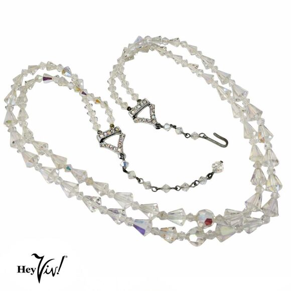 Vintage Aurora Borealis Crystal Bead Necklace 2 Strand w Rhinestone 22" -Hey Viv - Picture 1 of 6